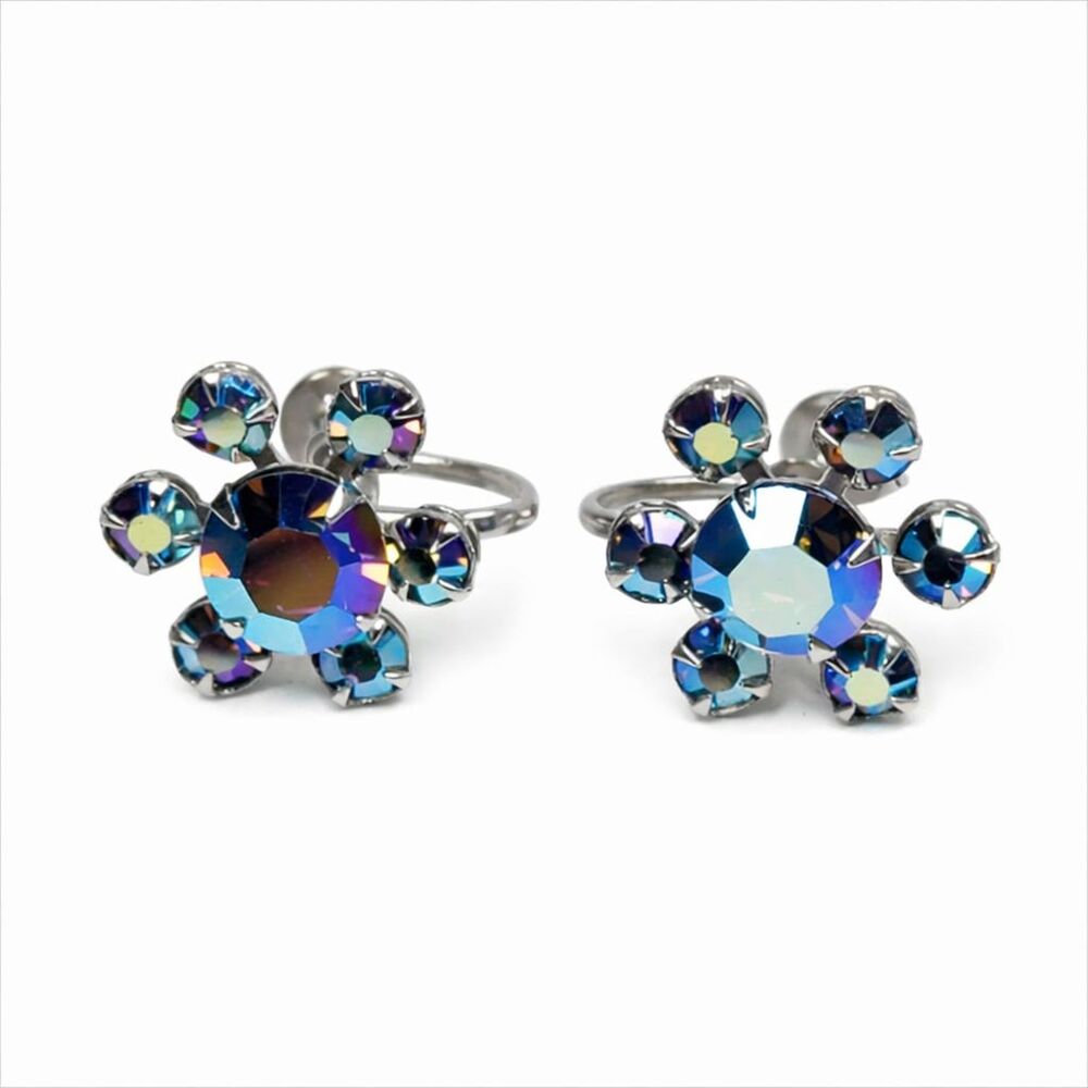 VTG Signed Weiss Silver Tone Metal Iridescent Rhinestone Cluster Flower Earrings